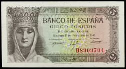 1943. 5 pesetas. (Ed. D47a) (Ed. 446a). 13 de febrero, Isabel la Católica. Serie D. Esquinas rozadas. EBC+.