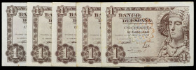 1948. 1 peseta. (Ed. D58a) (Ed. 457a). 19 de junio, la Dama de Elche. 5 billetes, series B, D y E (tres, una pareja). Esquinas rozadas. EBC+/S/C-.