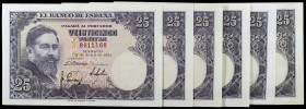 1954. 50 pesetas. (Ed. D68 y D68a) (Ed. 467 y 467a). 22 de julio, Albéniz. 6 billetes, sin serie (tres, una pareja correlativa) y series E, I y M. MBC...