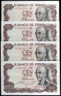 1970. 100 pesetas. (Ed. D73b) (Ed. 472c). 17 de noviembre, Falla. 4 billetes, series 4N, SI y 7S (pareja correlativa). Ligeros dobleces laterales. S/C...