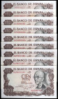 1970. 100 pesetas. (Ed. D73b) (Ed. 472c). 17 de noviembre, Falla. 9 billetes. Series 2W (pareja), 3U (trío) y 4A (cuatro correlativos). S/C-/S/C.