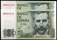 1979. 1000 pesetas. (Ed. E3b) (Ed. 477b). 23 de octubre, Pérez Galdós. Pareja correlativa, serie 9B. Rara. S/C.