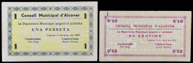 Alcover. 50 céntimos y 1 peseta. (T. 108 y 109). 2 billetes, serie completa. Escasos. MBC+.