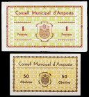 Amposta. 50 céntimos y 1 peseta. (T. 211 y 212). 2 billetes, serie completa, el de 1 peseta nº 15000 y el de 50 céntimos nº 99999. MBC+/EBC-.