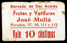Barcelona. Mercado de San Andrés. Frutas y Verduras José Mollá. 10 céntimos. Cartón postguerra. MBC-.