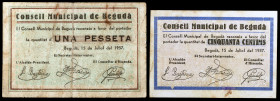 Begudà. 50 céntimos y 1 peseta. (T. 401 y 402). 2 billetes, serie completa. Escasos. BC/MBC.