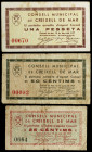 Creixell de Mar. 25, 50 céntimos y 1 peseta. (T. 1038 a 1040). 3 billetes, todos los de la localidad, el de 50 céntimos nº 00670. Raros. BC/MBC-.