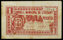L'Estany. 1 peseta. (T. 115). Único billete de esta localidad. MBC-.