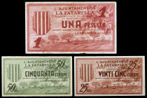 La Fatarella. 25, 50 céntimos y 1 peseta. (T. 1156, 1157b y 1158b). 3 billetes, serie completa. MBC/EBC.