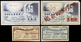 Figueres. 10, 15, 50 céntimos y 1 peseta. (T. 1172 a 1175). 4 billetes, todos los de la localidad. MBC-/MBC+.