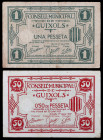 Guíxols. 50 céntimos y 1 peseta. (T. 1407 y 1408). 2 billetes, todos los de la localidad. BC+/MBC-.