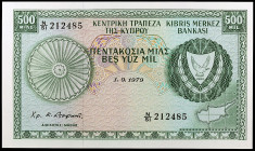 Chipre. 1979. Banco Central. 500 mils. (Pick 42c). 1 de septiembre. Una esquina rozada. Raro. S/C-.
