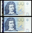 Estonia. 1999. Banco de Estonia. 100 coronas. (Pick 82a). Lydia Koidula. 2 billetes, series BX y CM. S/C.