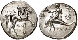 (280-272 a.C.). Italia. Taras. Didracma. (S. 363 var) (CNG. I, 884). Bella. 6,53 g. EBC.