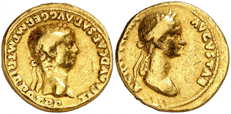 (51 d.C.). Claudio y Agripina hija. Áureo. (Spink 1885) (Co. 3, Agripina y Claud...