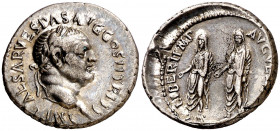(70 d.C.). Vespasiano, Tito y Domiciano. Éfeso. Denario. (Spink 2401 var) (S. 249 de Vespasiano) (RIC. 1420). Muy escasa. 3,23 g. EBC-.