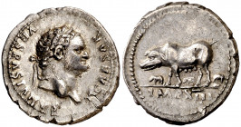 (78 d.C.). Tito. Denario. (Spink 2443) (S. 104) (RIC. 986, de Vespasiano). 3,30 g. MBC+.