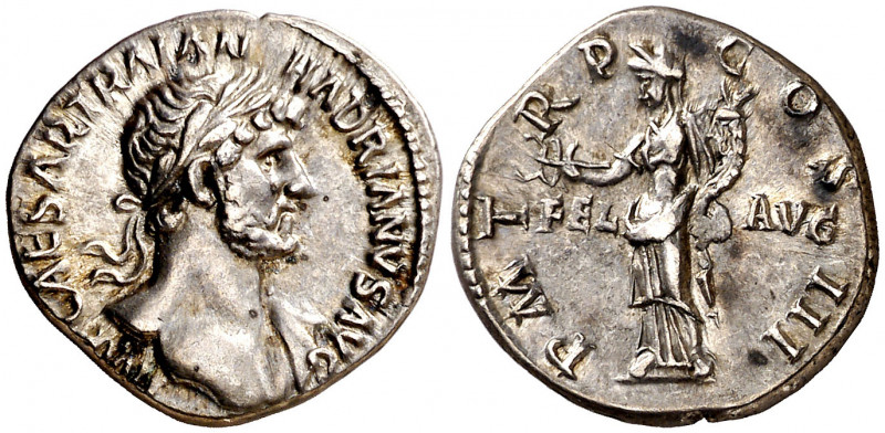 (119 d.C.). Adriano. Denario. (Spink 3487 var) (S. 599) (RIC. 119). 3,43 g. EBC-...