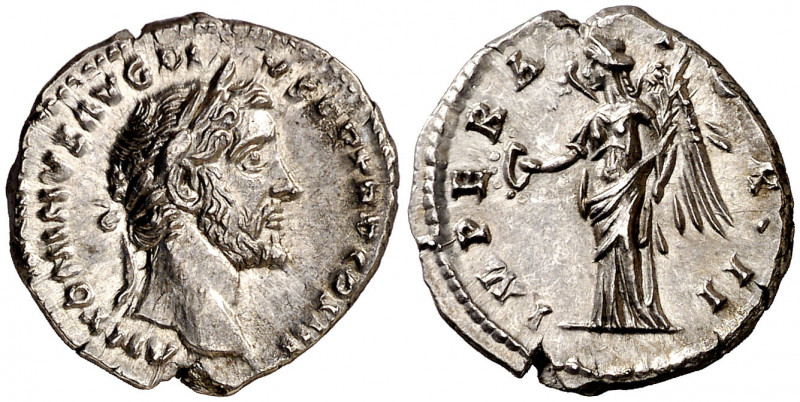 (143 d.C.). Antonino pio. Denario. (Spink 4087) (S. 437) (RIC. 111b). Bella. 3,3...