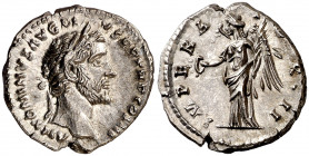 (143 d.C.). Antonino pio. Denario. (Spink 4087) (S. 437) (RIC. 111b). Bella. 3,37 g. EBC.
