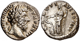 (168-169 d.C.). Marco Aurelio. Denario. (Spink 4927 var) (S. 543) (RIC. 207). Bella. 3,75 g. EBC.