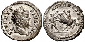 (202 d.C.). Septimio Severo. Denario. (Spink 6255) (S. 1) (RIC. 248). Muy escasa. 2,98 g. EBC-.