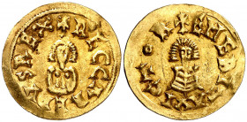 Recaredo I (586-601). Emerita (Mérida). Triente. (CNV. 105.9) (R.Pliego 114e.1, mismo ejemplar). 1,52 g. MBC.