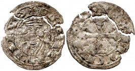 Fernando II (1157-1188). León. Dinero. (AB. falta) (M.M. F2:22.3). Rota en dos trozos. Muy rara. 0,56 g. (BC+).