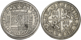 1589. Felipe II. Segovia. 8 reales. (AC. 716) (AC. pdf. 696). Acueducto de cuatro arcos y dos pisos. El escudo divide la leyenda. Hoja en anverso. Par...