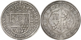 1597. Felipe II. Segovia. 8 reales. (AC. 718). Tipo "OMNIVM". Acueducto y valor entre puntos. Dos defectos de acuñación en canto. Rara. 27,28 g. MBC+....