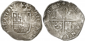1593/1. Felipe II. Sevilla. B. 8 reales. (AC. 736). Muy rara, no hemos tenido ningún ejemplar. 27,09 g. MBC-.