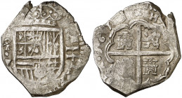 1615. Felipe III. Toledo. V. 2 reales. (AC. 708). La fecha comienza a las 9h del reloj. Muy rara. 6,88 g. MBC-.