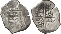 1607. Felipe III. Sevilla. B. 8 reales. (AC. 960). Tipo "OMNIVM". Muy rara, sólo hemos tenido tres ejemplares. 27,19 g. MBC-.
