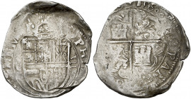 1600. Felipe III. Toledo. C. 8 reales. (AC. 983). Tipo "OMNIVM". Acuñación defectuosa. Rarísima, no hemos tenido ningún ejemplar. 27,23 g. (MBC-).