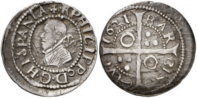 1631. Felipe IV. Barcelona. 1 croat. (AC. 660) (Cru.C.G. 4414c var). Algo descentrada. Ex Colección Ègara 26/04/2017, nº 792. Rara. 3,18 g. MBC