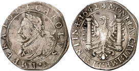 1642. Felipe IV. Besançon. 1/2 patagón. (Vti. 1658) (P.A. 5412 var fecha). A nombre y busto de Carlos I. Rara. 13,43 g. MBC.