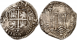 1656. Felipe IV. Potosí. E. 8 reales. (AC. 1512). PH sobre las columnas. Triple fecha. Buen ejemplar. Muy redonda. Escasa así. 27,34 g. MBC+.