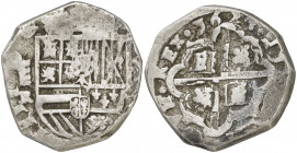 1624. Felipe IV. Segovia. R. 8 reales. (AC. 1568, mismo ejemplar). Castillos y leones. Rarísima, no hemos tenido ningún ejemplar. 22,61 g. MBC-.