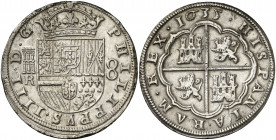 1635. Felipe IV. Segovia. R. 8 reales. (AC. 1606). Leves hojitas. Parte de brillo original. Escasa. 26,84 g. (EBC-).