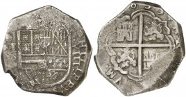 1635. Felipe IV. Toledo. P. 8 reales. (AC. 1677). Muy rara, no hemos tenido ningún ejemplar. 27,06 g. MBC-.