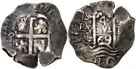 1669/8. Carlos II. Potosí. E. 4 reales. (AC. 512 var) (AC. pdf. 511.1). Doble fecha, la de la leyenda parcial. Oxidaciones. 11,90 g. BC+.