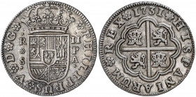 1731. Felipe V. Sevilla. PA. 2 reales. (AC. 987). Bella. Escasa así. 5,87 g. EBC.