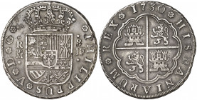 1730. Felipe V. Madrid. JF. 8 reales. (AC. 1351). Oxidaciones limpiadas. Muy rara, sólo hemos tenido otros dos ejemplares. 26,75 g. MBC/MBC+.