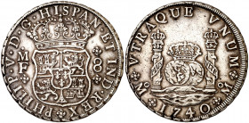 1740. Felipe V. México. MF. 8 reales. (AC. 1456). Columnario. Leves rayitas. Buen ejemplar. Escasa así. 27,04 g. MBC+.