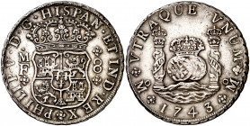 1743/2. Felipe V. México. MF. 8 reales. (AC. 1462). Columnario. Atractiva. 26,91 g. MBC+/MBC.