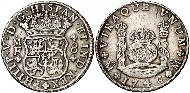 1746. Felipe V. México. MF. 8 reales. (AC. 1470). Columnario. Rayita. 26,86 g. M...