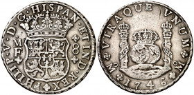 1746. Felipe V. México. MF. 8 reales. (AC. 1470). Columnario. Rayita. 26,86 g. MBC+/MBC.