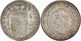 1718. Felipe V. Sevilla. M. 8 reales. (AC. 1617). Armas de Borgoña modernas (con tres flores de lis) y la de Austria intercambiadas. Buen ejemplar. Es...