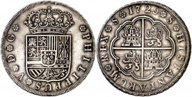 1729. Felipe V. Sevilla. 8 reales. (AC. 1621). Sin indicación de valor ni ensayador. Buen ejemplar. Rara. 26,68 g. MBC+.