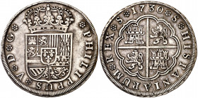 1730. Felipe V. Sevilla. 8 reales. (AC. 1622). Sin indicación de valor ni ensayador. Atractiva. Rara. 26,54 g. MBC+/EBC-.